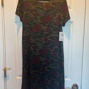 LuLaRoe Carly Camouflage swing Dress with Red roses. Large. New with tags.